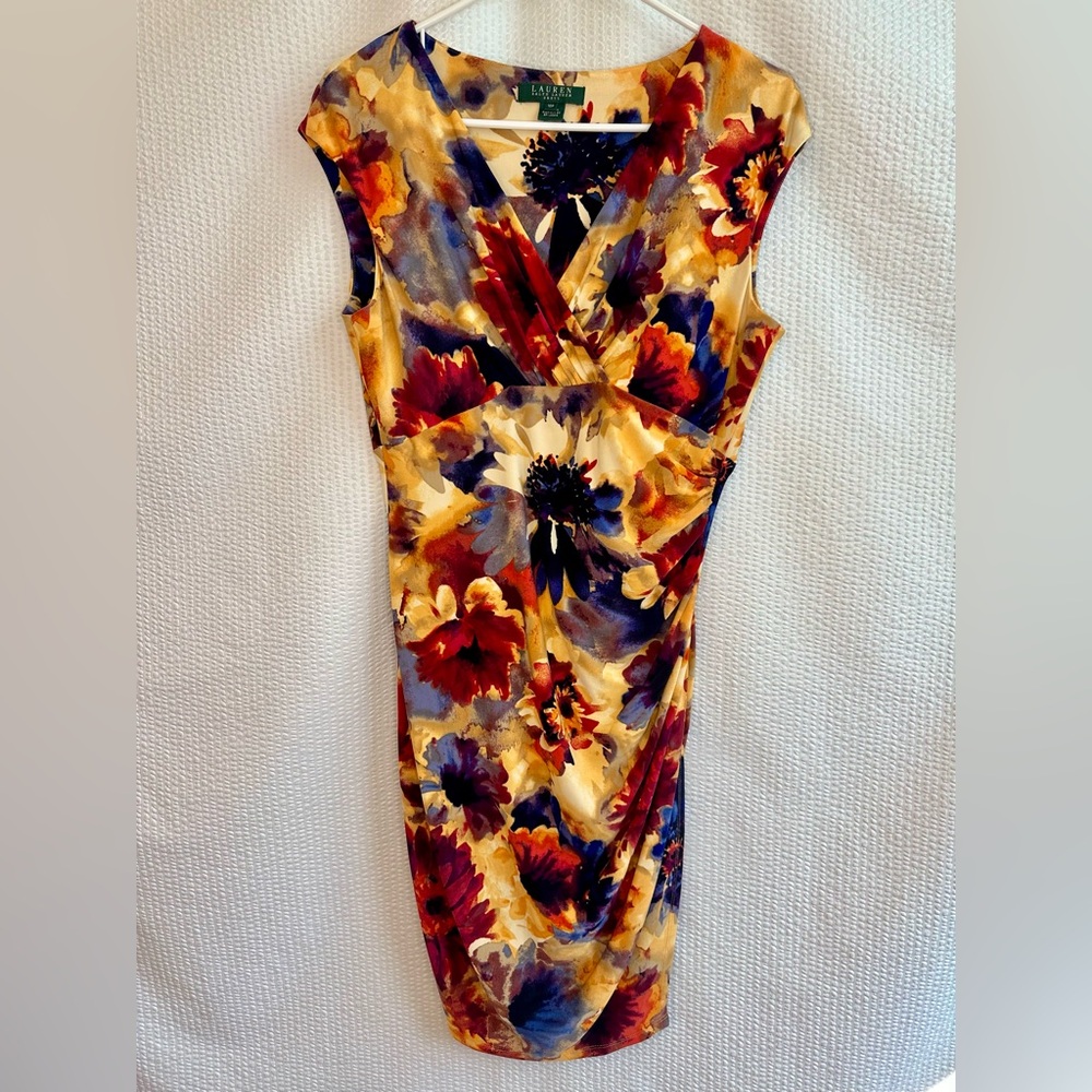 RALPH LAUREN Floral Red Blue Yellow Twist Front Midi Dress 10 Petite Stretch